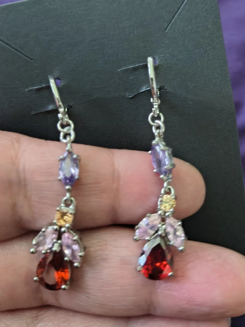 Stunning Silver Plated Mulit Color Gemstone Dangle Earrings. Estate Find